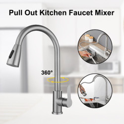 Brushed Nickel Kitchen Tap Single Hole Pull Out Kitchen Sink Mixer Tap Stream Sprayer Head Mixer Deck Mounted Hot Cold Tap