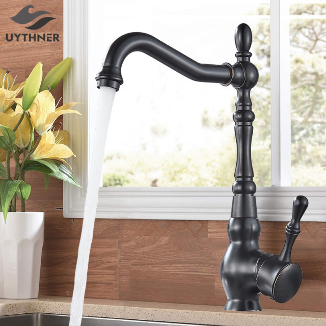 Kitchen Sink Taps Retro Brass Black Bronze Single Handle Kitchen Basin Taps Deck Mounted Hot and Cold Water Mixer Tap