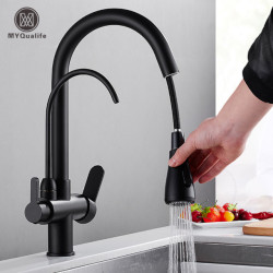 Matte Black Pure Water Kitchen Tap Dual Handle Hot and Cold Drinking Water Pull Out Kitchen Mixer Taps