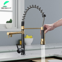 Gold Black Spring Kitchen Tap Pull Down Dual Spouts 360 Swivel Handheld Hot and Cold Water Mixer Tap 2 Outlets
