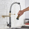 Gold Black Spring Kitchen Tap Pull Down Dual Spouts 360 Swivel Handheld Hot and Cold Water Mixer Tap 2 Outlets