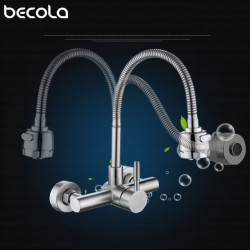 Stainless Steel Wall Mounted Kitchen Tap Wall Kitchen Mixers Kitchen Sink Tap 360 Degree Swivel Flexible Hose Double Holes