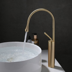 Brushed Gold Tall Bathroom Sink Mixer Tap: High Arc Deck Mounted Vessel Tap with Single Handle and Hot/Cold Water Hose