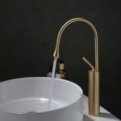 Brushed Gold Tall Bathroom Sink Mixer Tap: High Arc Deck Mounted Vessel Tap with Single Handle and Hot/Cold Water Hose