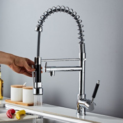 Pull-Down Dual Spout Kitchen Tap: Brass Sink Mixer with Sprayer, Hot/Cold Water Hose
