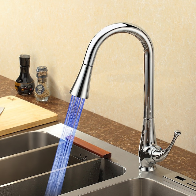 LED Deck Mounted Kitchen Tap: Single Handle, High Arc Pull-Out, Chrome Finish with Hot/Cold Water