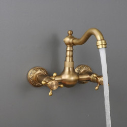 Traditional Wall Mounted Brass Kitchen Sink Mixer Tap: Vintage Retro Design, Twin Lever, Standard Spout