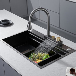 LED Waterfall Kitchen Tap: 5 Modes, Temperature Display, Pull Out/Pull Down with Ceramic Valve