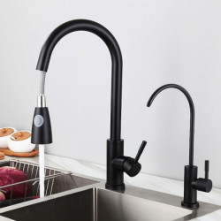 304 Stainless Steel Kitchen Sink Mixer Tap: Pull-Out Spray, Deck Mounted, 360-Degree Rotatable, Black Brushed Nickel