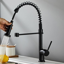 Black Kitchen Sink Mixer Tap: Pull-Down, 360° Swivel Spring Design with 2 Modes, Single Handle Brass Tap