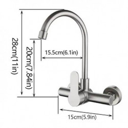 Stainless Steel Wall Mounted Kitchen Tap: Rotatable, Single Handle, Two Holes with Hot/Cold Switch