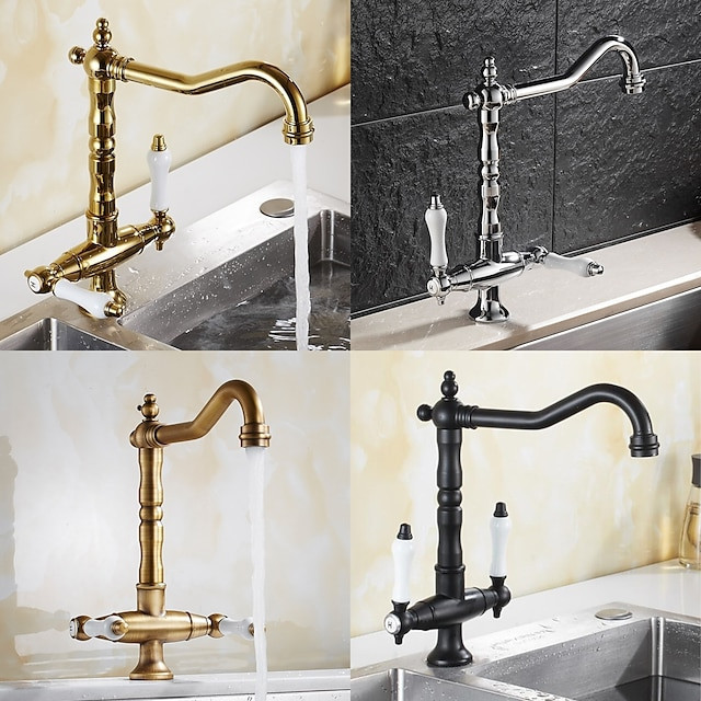 Retro Style Traditional Kitchen Sink Mixer Tap: Dual Handles, One Hole, Rotatable, Chrome/Brass/Nickel Brushed