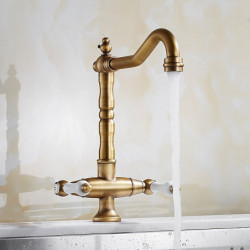 Retro Style Traditional Kitchen Sink Mixer Tap: Dual Handles, One Hole, Rotatable, Chrome/Brass/Nickel Brushed