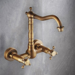 Vintage Wall Mounted Brass Kitchen Sink Mixer Tap: 360° Swivel Spout, Dual Handles, Two Holes, Hot/Cold Water Hose