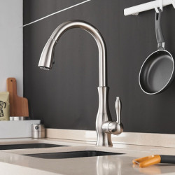 Nickel Brushed Kitchen Tap with Sprayer: High Arc Pull-Out Brass Tap, Single Hole Vessel Installation with Hot and Cold Water