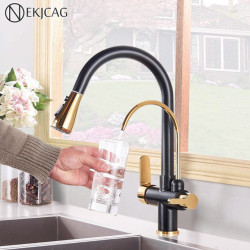 Black Gold Filter Kitchen Taps Pure Water Rotatable Dual Spout Kitchen Tap Dual Handles Filtered Mixer Tap For Kitchen