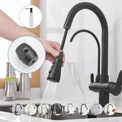 Black Kitchen Sink Mixer Tap with Pull-Out Sprayer and Soap Dispenser: 360° Swivel, Single Handle Brass Deck Mounted Tap with Ho