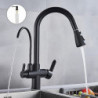 Black Kitchen Sink Mixer Tap with Pull-Out Sprayer and Soap Dispenser: 360° Swivel, Single Handle Brass Deck Mounted Tap with Ho