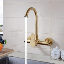 Brushed Gold Wall Mounted Kitchen Tap: Single Handle, Two Holes, Tall/High Arc Contemporary Design