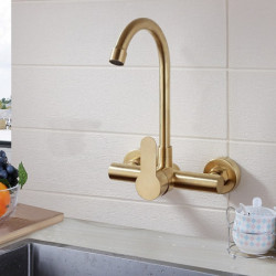 Brushed Gold Wall Mounted Kitchen Tap: Single Handle, Two Holes, Tall/High Arc Contemporary Design