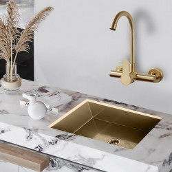 Brushed Gold Wall Mounted Kitchen Tap: Single Handle, Two Holes, Tall/High Arc Contemporary Design