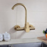 Brushed Gold Wall Mounted Kitchen Tap: Single Handle, Two Holes, Tall/High Arc Contemporary Design