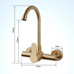 Brushed Gold Wall Mounted Kitchen Tap: Single Handle, Two Holes, Tall/High Arc Contemporary Design