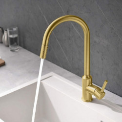 Black Gold Kitchen Sink Mixer Tap: Single Lever Handle, Brushed Solid Brass, Pull-Out Sprayer, One Hole with Hot/Cold Hose