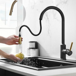 Black Gold Kitchen Sink Mixer Tap: Single Lever Handle, 360° Swivel, Brushed Solid Brass, Pull-Out Sprayer, One Hole with Hot/Co