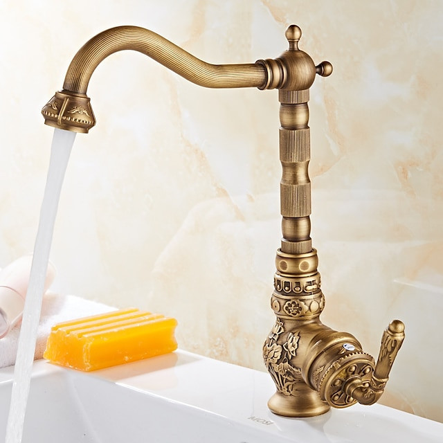 Retro Vintage Kitchen Sink Mixer Tap: Antique Brass, Single Handle, Standard Spout, Deck Mounted with Hot/Cold Hose