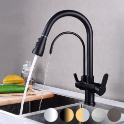Modern Contemporary Kitchen Tap: Two Handles, One Hole, Electroplated/Painted Finish, Pull-Out/Pull-Down/High Arc, Purified Wate