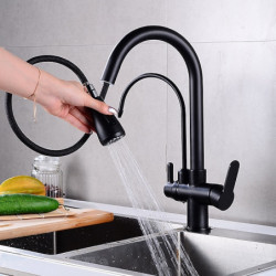 Modern Contemporary Kitchen Tap: Two Handles, One Hole, Electroplated/Painted Finish, Pull-Out/Pull-Down/High Arc, Purified Wate