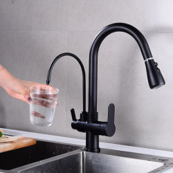 Modern Contemporary Kitchen Tap: Two Handles, One Hole, Electroplated/Painted Finish, Pull-Out/Pull-Down/High Arc, Purified Wate