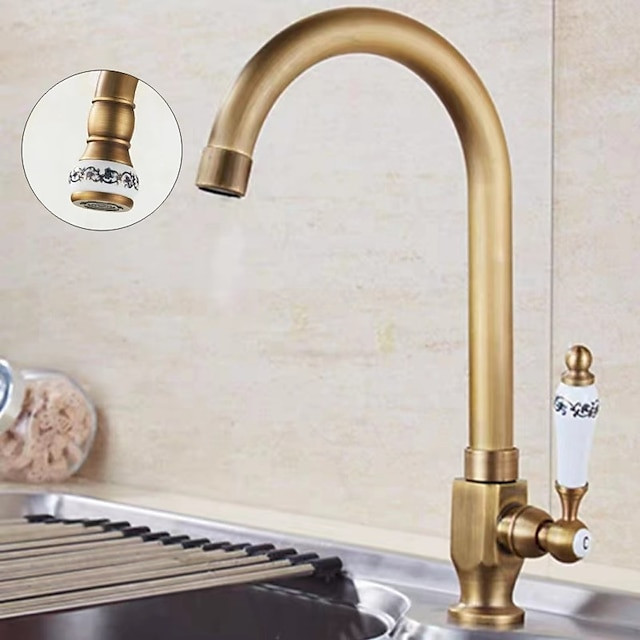 Retro Brass Kitchen Sink Tap: 360° Swivel, Single Handle, One Hole, Lever Ceramic Valve, Antique Vintage Bronze Finish