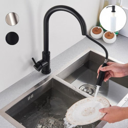Stainless Steel Kitchen Sink Mixer Tap: Pull-Out Sprayer, Rotatable Vessel, Rainfall/Waterfall Modes, Black/Silver with Soap Dis