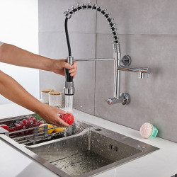 Wall Mounted Kitchen Sink Tap: Pull-Down Sprayer, 360° Swivel, Two Sprayer Modes, Only Cold Water, Gold/Black/Chrome Finish