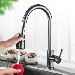 Brushed Nickel Kitchen Tap: Single Handle, High Arc, Pull-Out Sprayer, Rotatable 304 Stainless Steel, One Hole Design