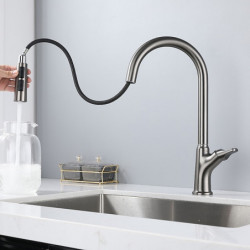 Brass Kitchen Sink Mixer Tap: Single Handle, Pull-Out, 360° Swivel, One Hole Vessel with Hot/Cold Hose