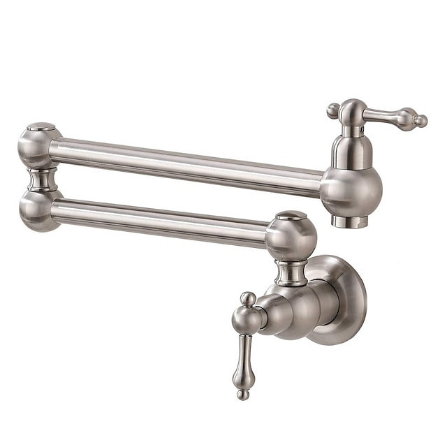 Wall Mounted Brass Pot Filler: Two Handles, Nickel Brushed, Foldable, Single Hole Design