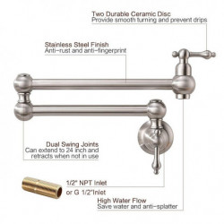 Wall Mounted Brass Pot Filler: Two Handles, Nickel Brushed, Foldable, Single Hole Design