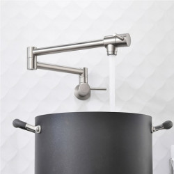 Brushed Nickel Pot Filler Kitchen Tap: Foldable, Cold Water Only, Wall Mounted, Brass, Double Joint Swing Arm, Two Handle