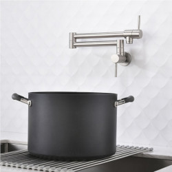 Brushed Nickel Pot Filler Kitchen Tap: Foldable, Cold Water Only, Wall Mounted, Brass, Double Joint Swing Arm, Two Handle