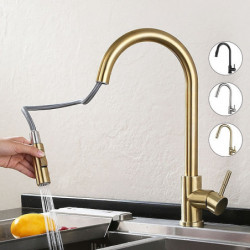 Brushed Gold Stainless Steel Kitchen Sink Mixer Tap: Pull-Out Sprayer, 360° Rotatable, Single Handle, Multi-Function Pull-Down V