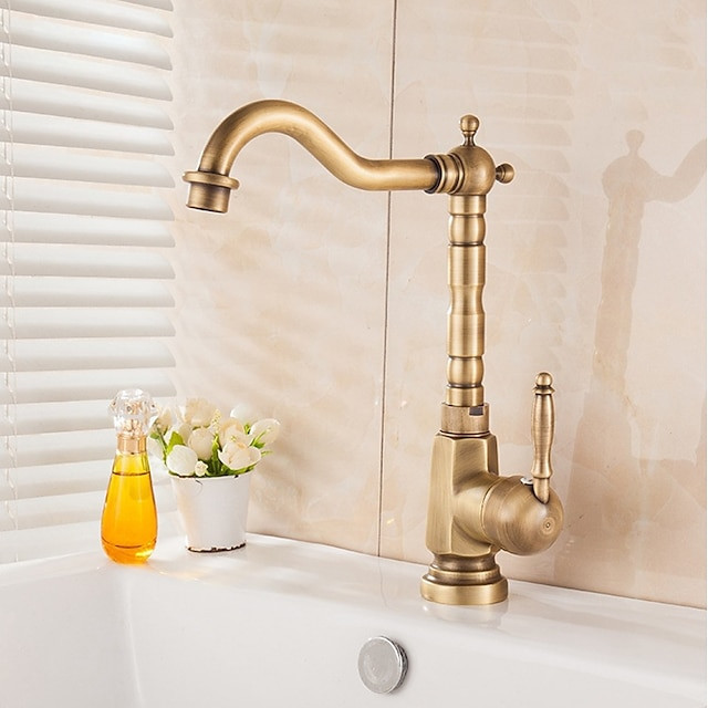 Retro Vintage Brass Kitchen Sink Mixer Tap: Single Handle, 360° Swivel Spring Design, Deck Mounted, One Hole Vessel Tap