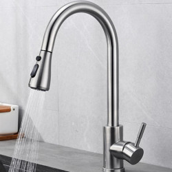 Nickel Brushed Kitchen Sink Mixer Tap: Pull-Out Spray, 360° Rotating, Single Handle, Deck Mounted, 304 Stainless Steel Vessel Ta