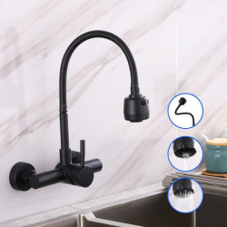 Wall Mounted Kitchen Sink Mixer Tap: Single Handle, 360° Swivel, Stainless Steel Pot Filler, Sprayer, Polished Black/Chrome Fini