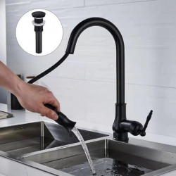 Antique Brass/Black Kitchen Sink Mixer Tap: Pull-Out Spray, 360° Swivel, Single Handle, Deck Mounted, One Hole