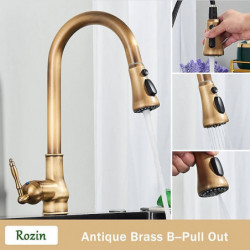 Antique Brass Kitchen Tap: Single Handle, One Hole, Pull-Out 3-Function Outlet Mode, Soap Dispenser/Drain Included