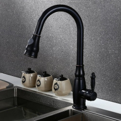 Oil-Rubbed Bronze Antique Brass Kitchen Tap: Single Handle, One Hole, Pull-Out Spray, Tall High Arc Vessel with Hot/Cold Switch