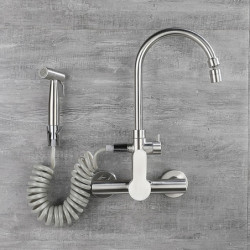 Modern Stainless Steel Kitchen Tap with Bidet: Single Handle, Two Holes, Standard Spout, Wall Mounted Design